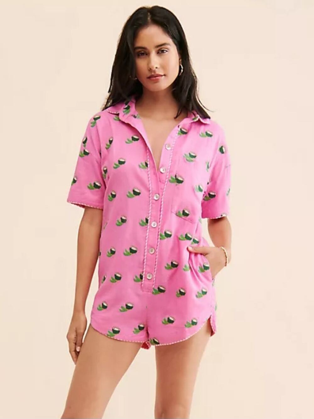 FARM Rio Cross Stitch Coconut Romper Pink Mother-of-Pearl Buttons Sz L